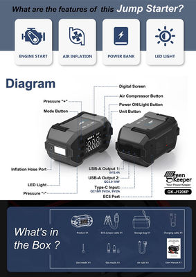 3000A Пиковый ток 4-в-1 портативный стартер 10000-24000mah Power Bank Car Inflator Батарейный бустер