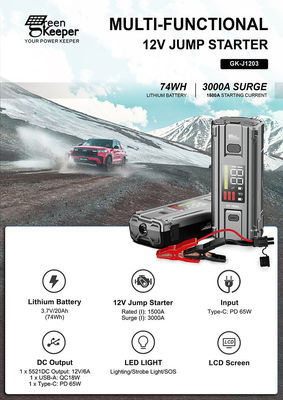 PD 65W 12V 3000A 20000mAh Многофункциональный портативный автомобиль аварийный аккумулятор Booster Jump Starter Power Bank