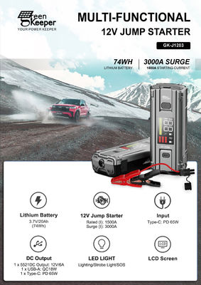 Автомобильный аварийный аккумулятор J1203 Peak 3000A 20000mAh Boost Jump Starter для транспортных средств 8.0L