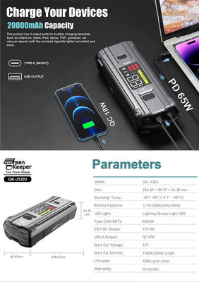 Ввод PD 65W Зеленый хранитель Ультрабезопасный высокоразрядный 3000A Батарейный стартер для автомобилей Грузовик Автомобиль
