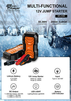QC 18W Ввод GreenKeeper Ультрабезопасный суперконденсатор 2000A Аккумуляторный стартер с светодиодным освещением